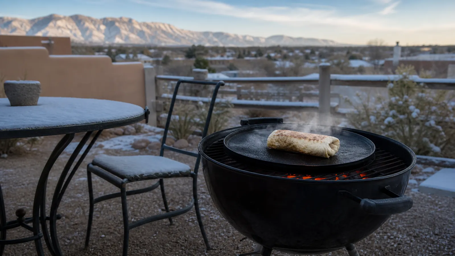 A cast iron griddle on a kettle grill with light snow on the surrounding patio, steam rising off a breakfast burrito being cooked