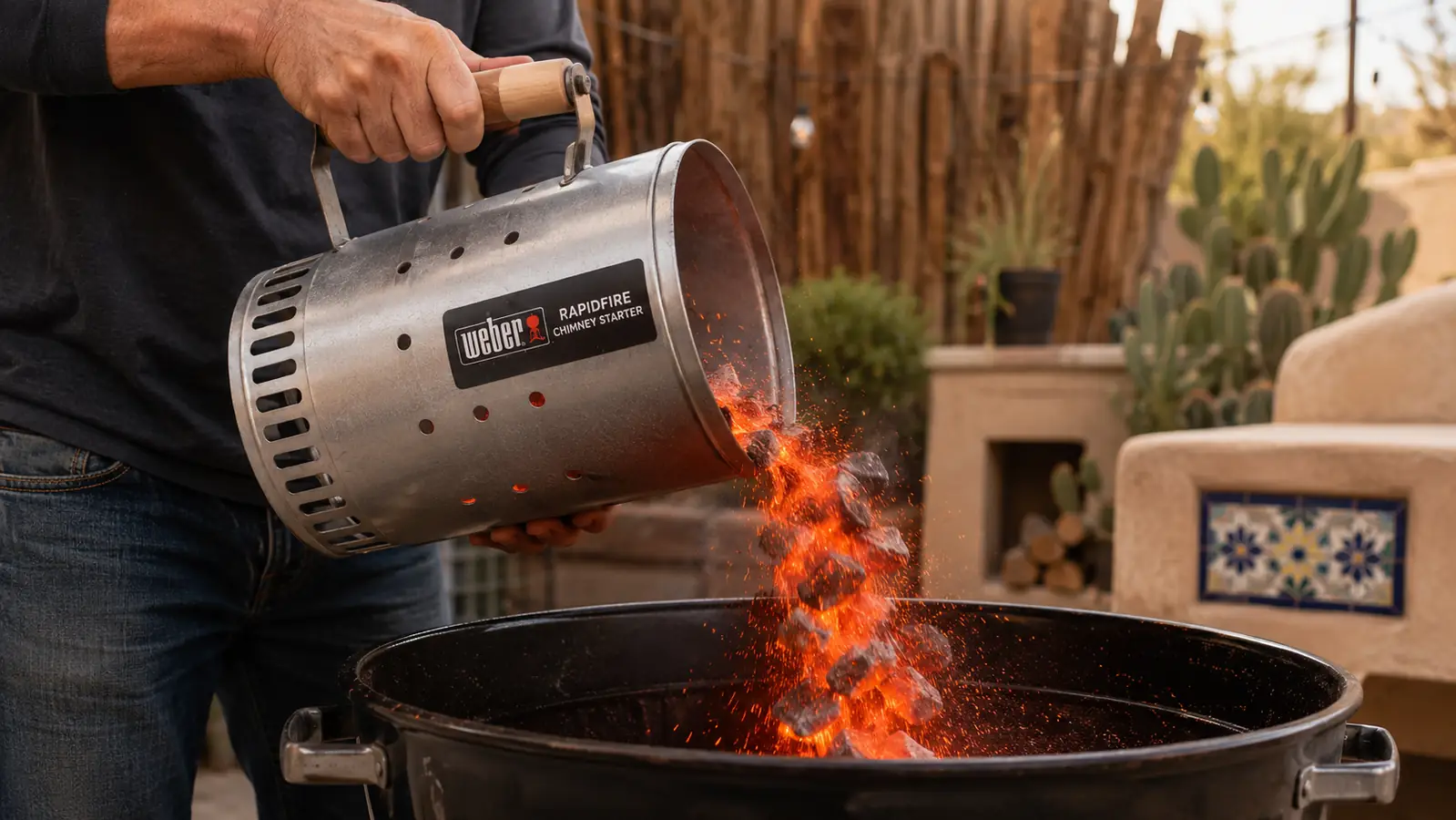 A hand in a leather grill glove tipping a charcoal chimney starter to pour glowing coals into an open kettle grill
