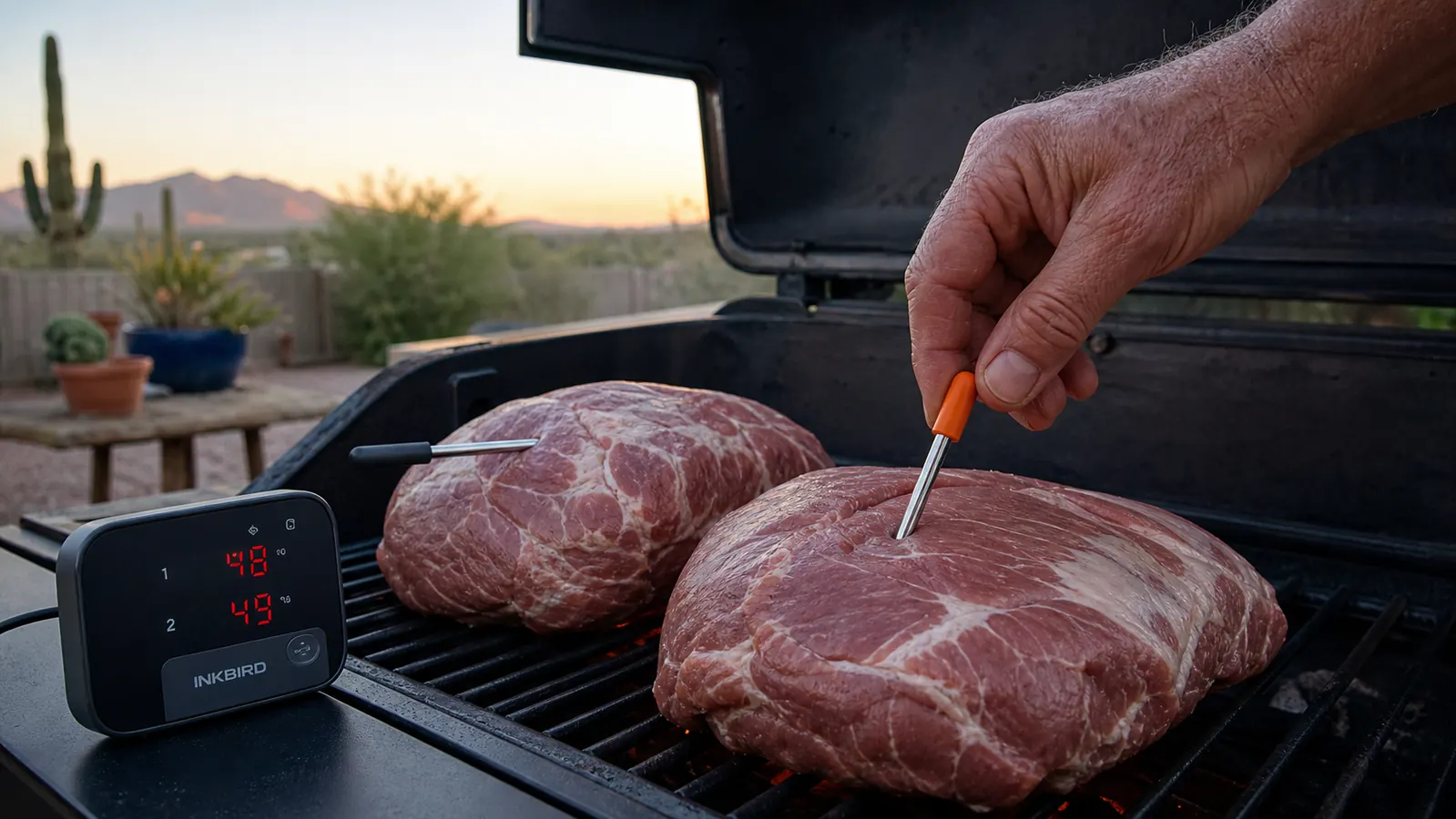 A hand inserting a color-coded probe into the thickest part of a pork shoulder resting on a smoker grate at dawn