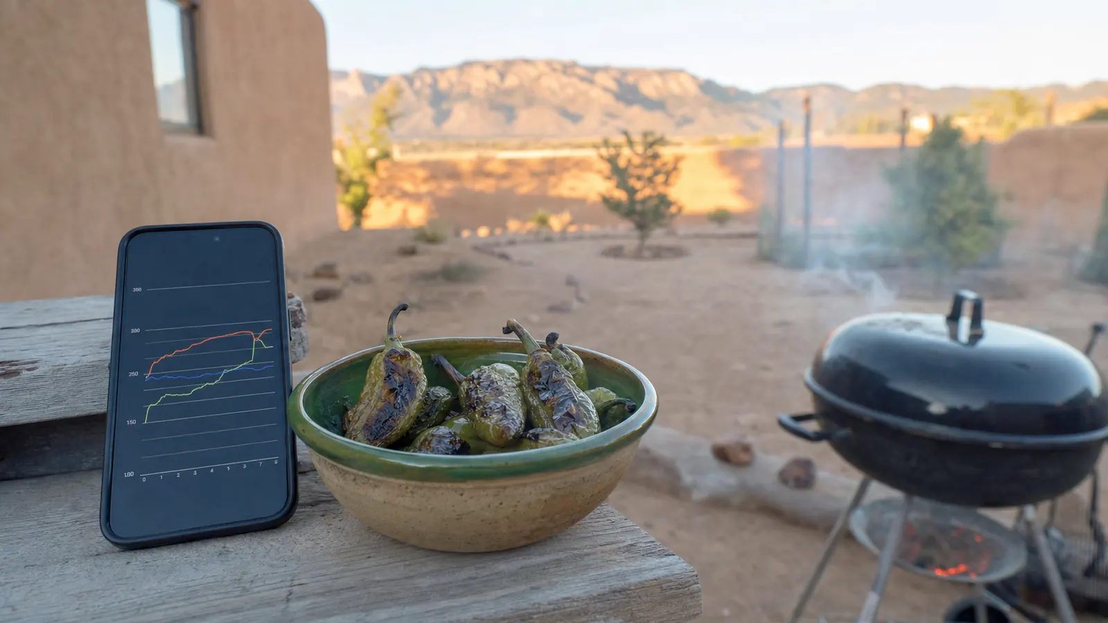 A phone displaying a temperature graph app resting on a patio rail next to a bowl of roasted green chile while a grill smokes in the background