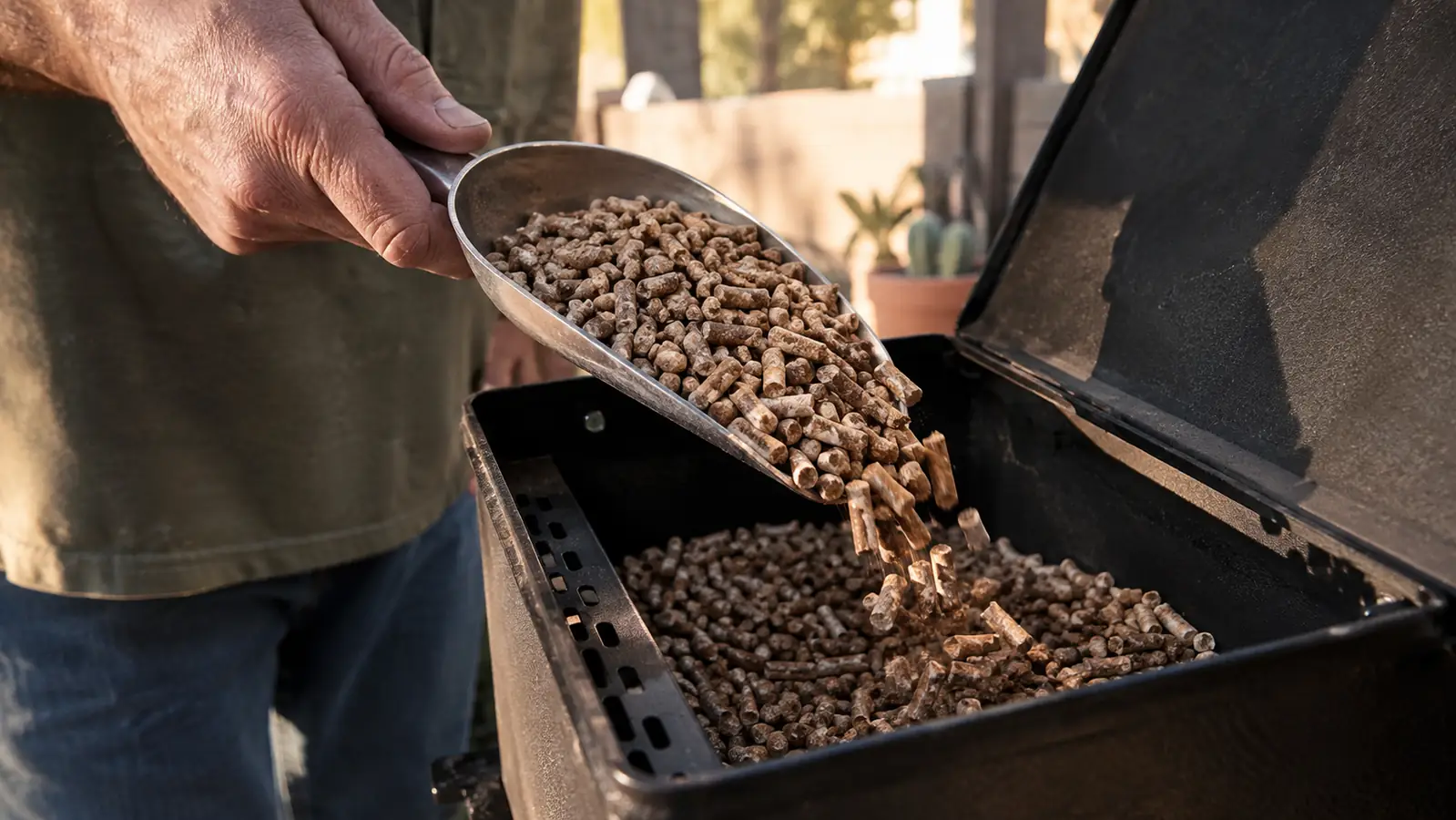 A hand pouring hardwood pellets from a metal scoop into an open smoker hopper on a patio table