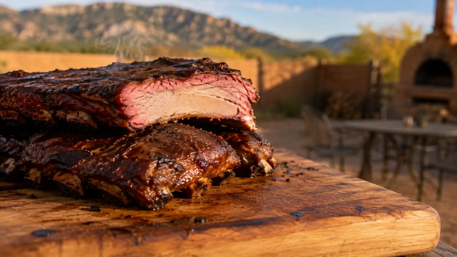 A rack of smoked pork ribs on a cutting board with a visible pink smoke ring in the sliced end