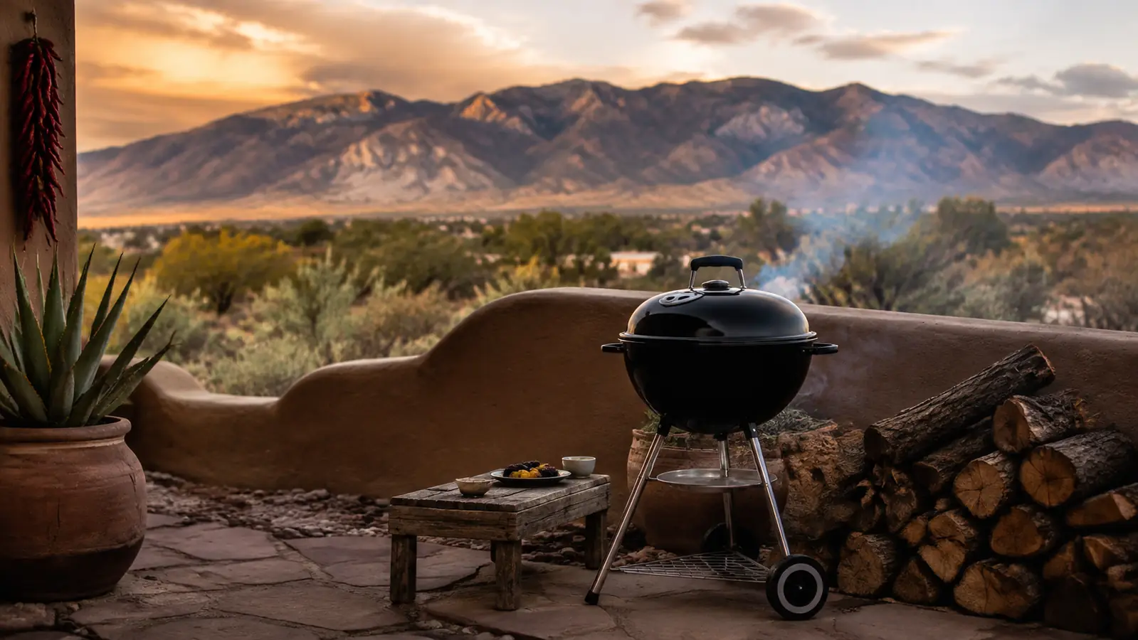 A charcoal kettle grill glowing under a backyard lean-to at dusk with a prep cart alongside