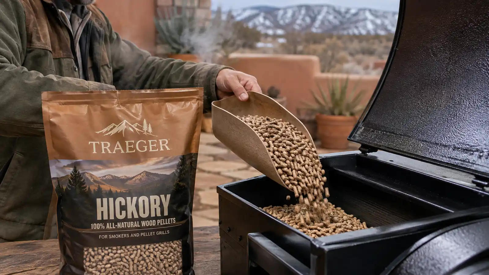 A hand pouring wood pellets into the hopper of a pellet grill on a cold morning