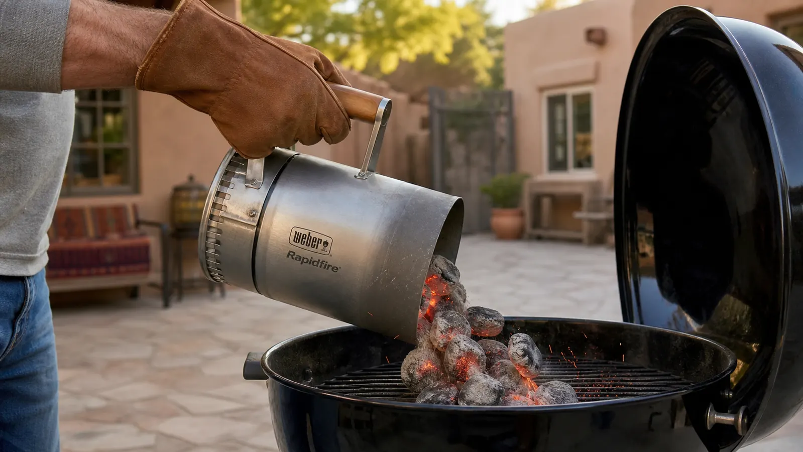A gloved hand tipping a chimney starter full of glowing ash-covered coals into a kettle grill's charcoal grate