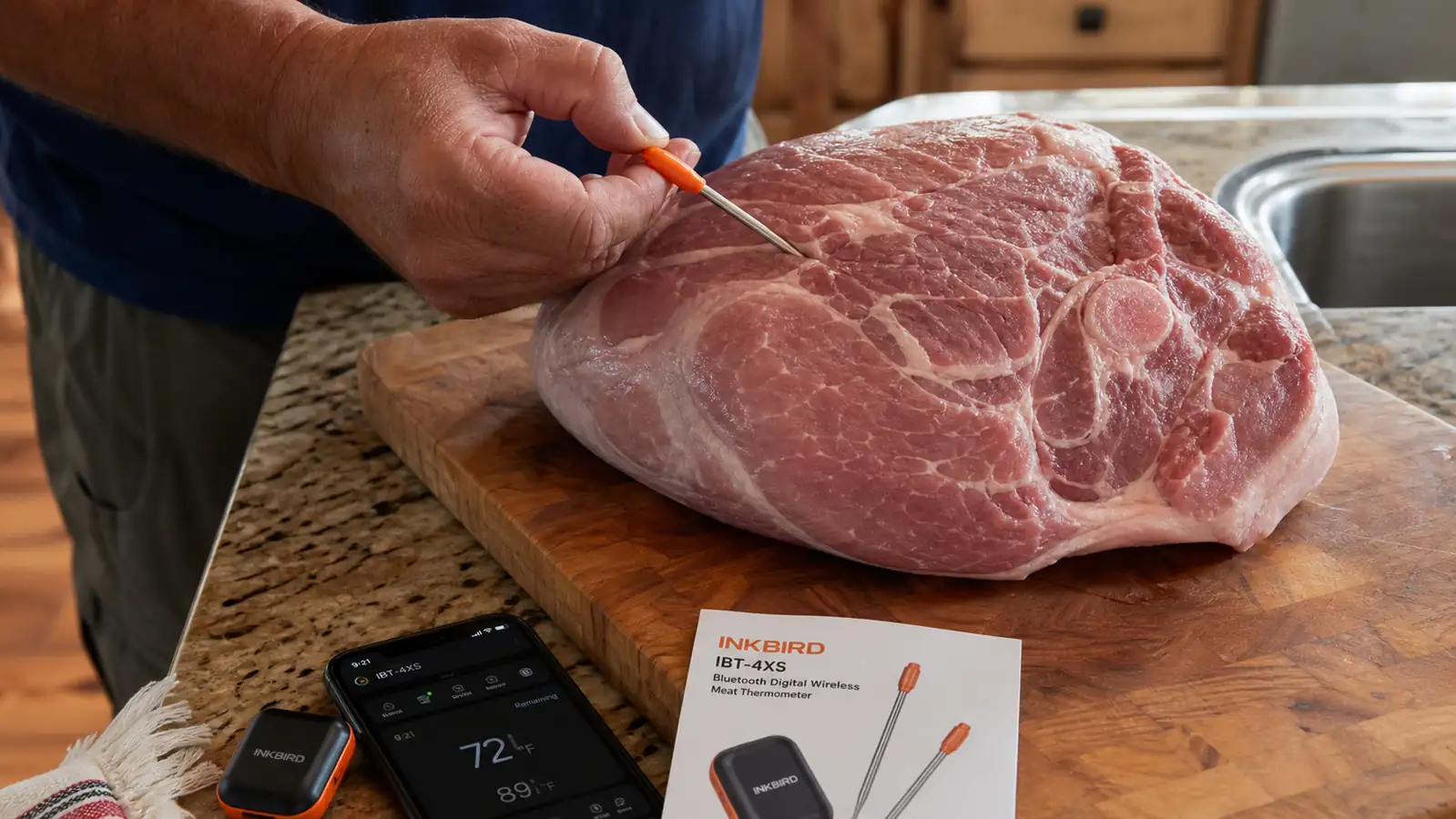 A hand inserting a thermometer probe at an angle into the thickest part of a raw pork shoulder on a cutting board, well away from the bone