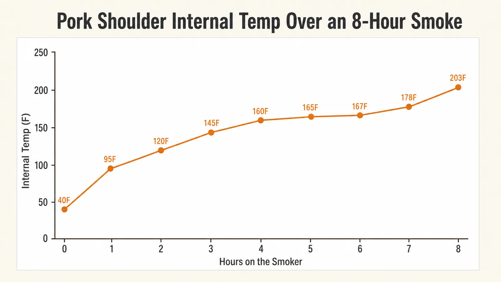 Line chart showing a pork shoulder internal temperature climbing over eight hours with a visible flat stall between hours five and six