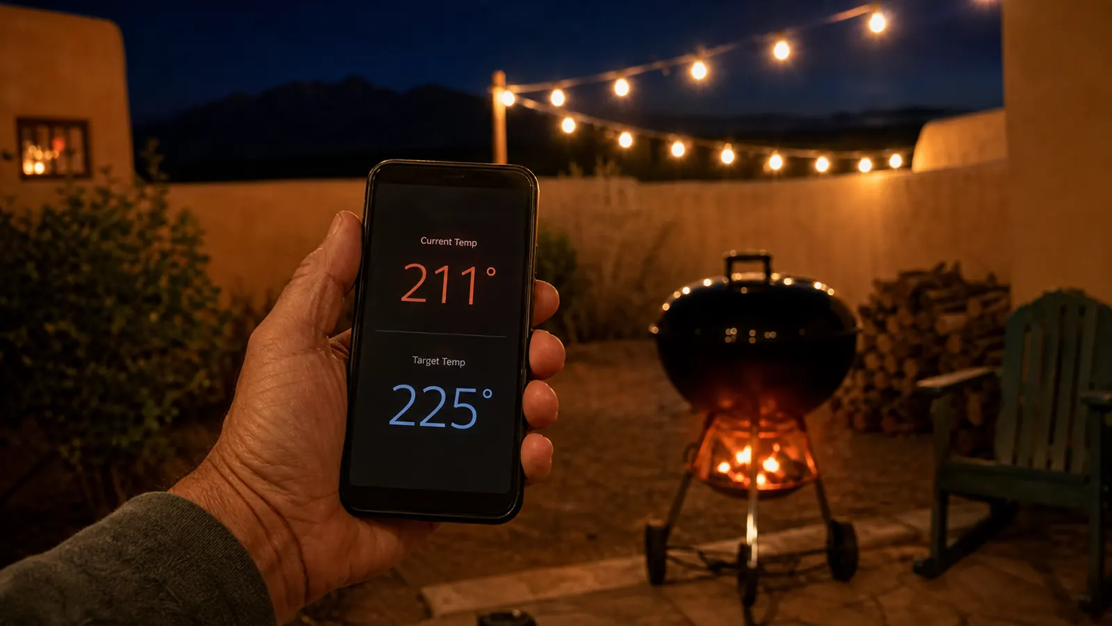 A hand holding a phone showing a simple temperature alarm screen next to a lit kettle grill at night
