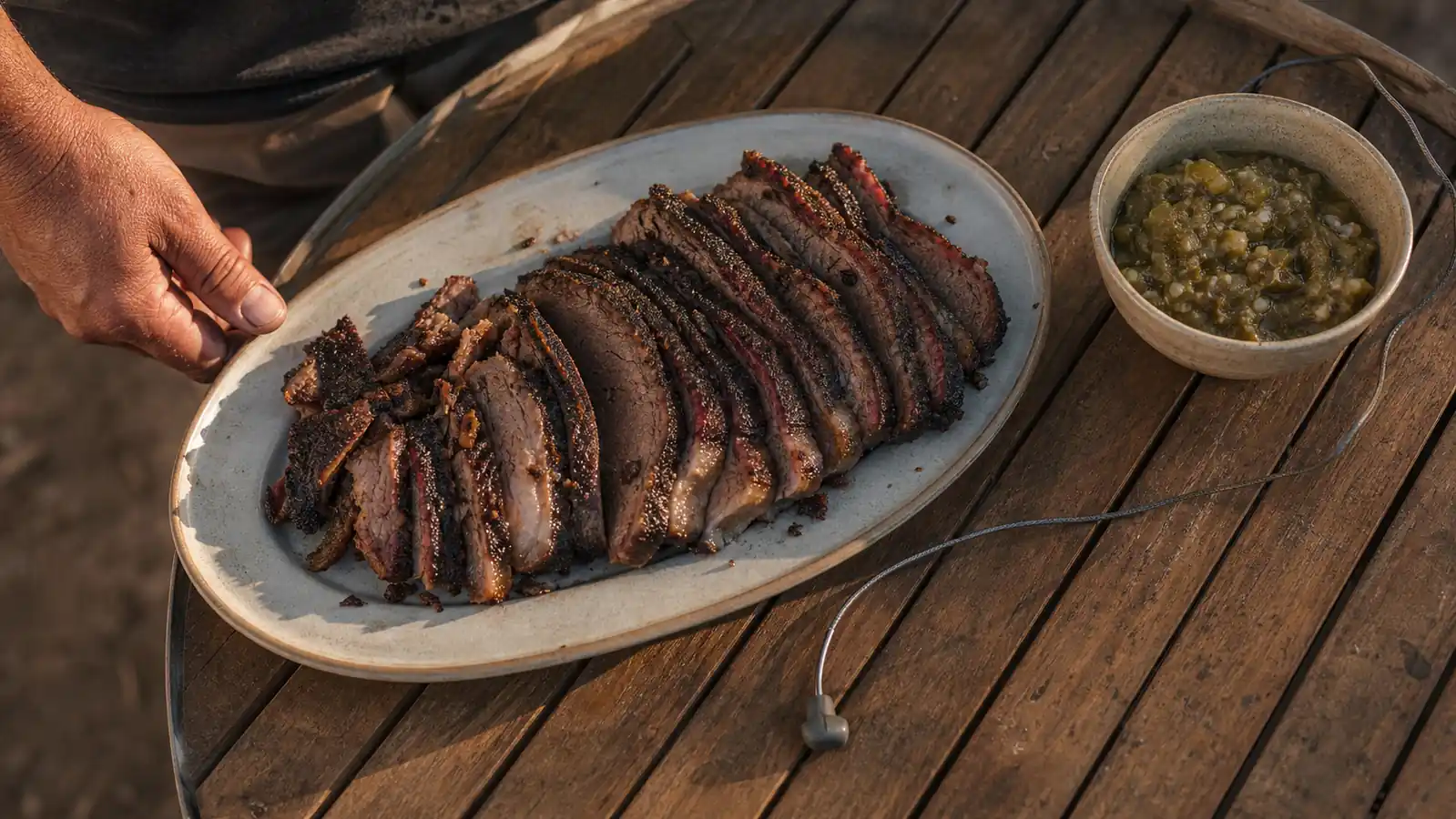 A platter of sliced brisket resting on a wooden table with a probe thermometer wire still looped nearby, green chile bowl beside it