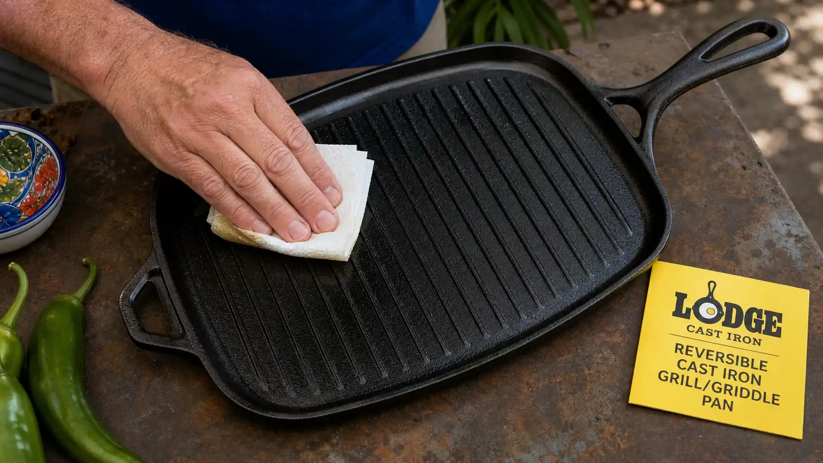 A hand wiping a thin coat of oil across a cast iron griddle with a folded paper towel until the surface looks almost dry