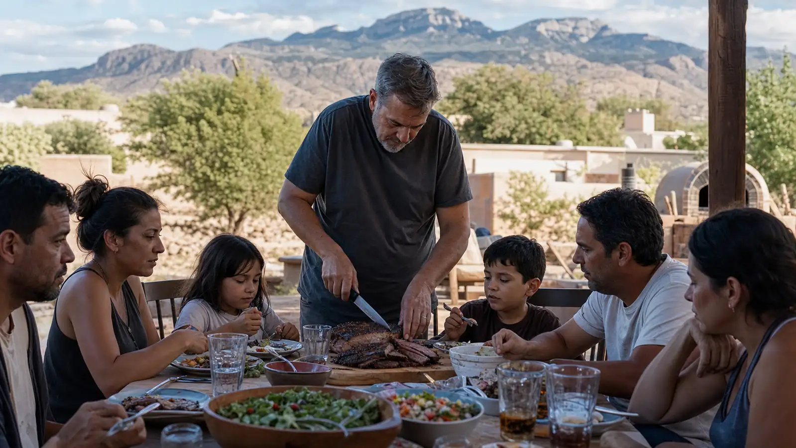 A family gathered around a backyard picnic table at midday with a platter of sliced brisket in the center, kids picking at their plates