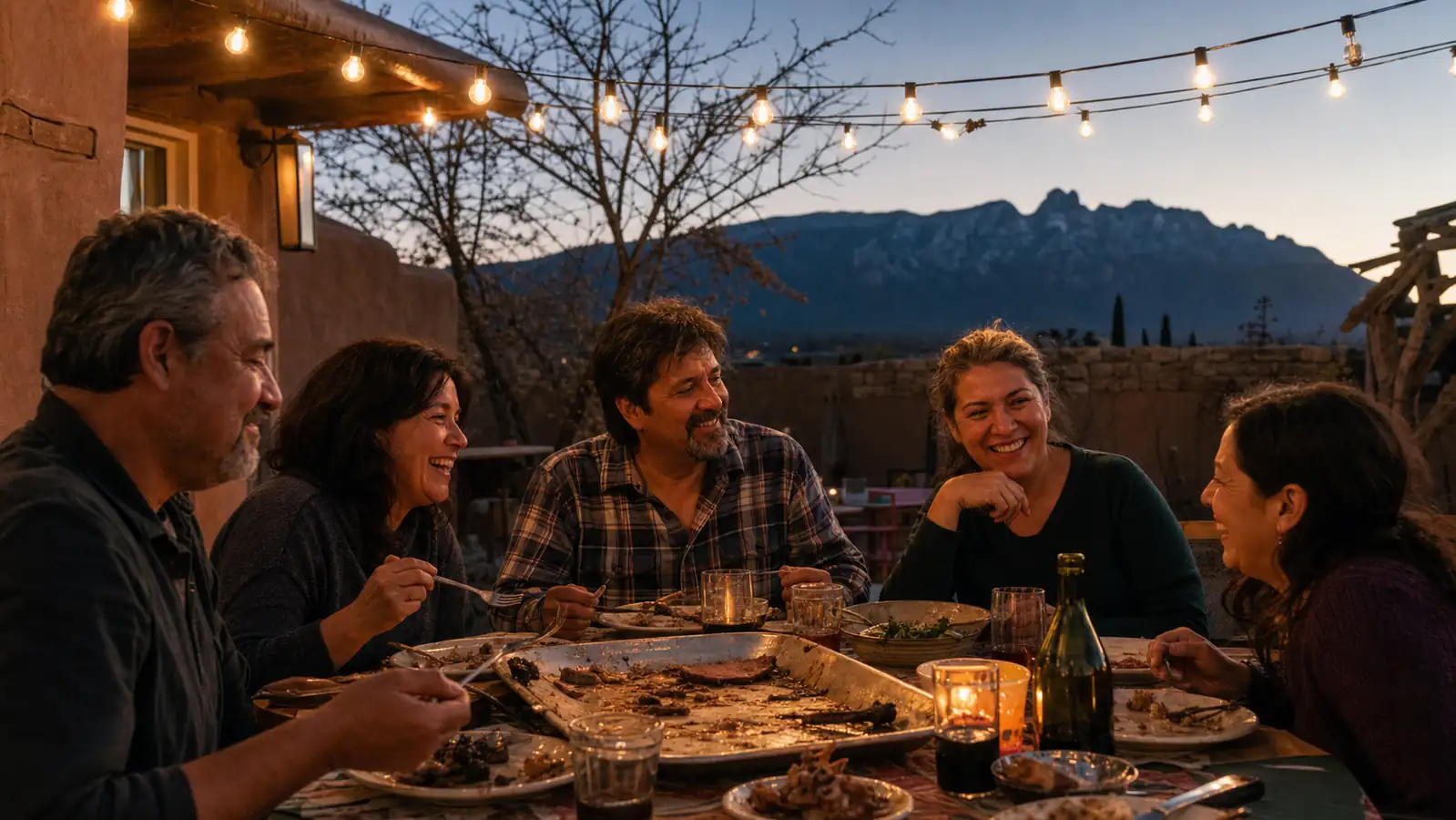 A backyard dinner scene at dusk with a family eating happily around a table, a sliced brisket platter nearly empty in the center