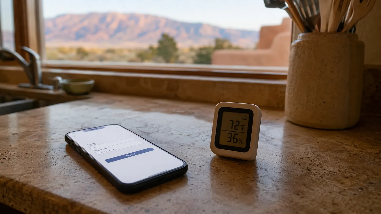 A smartphone on a kitchen counter showing a generic app account sign-in screen next to a thermometer base station