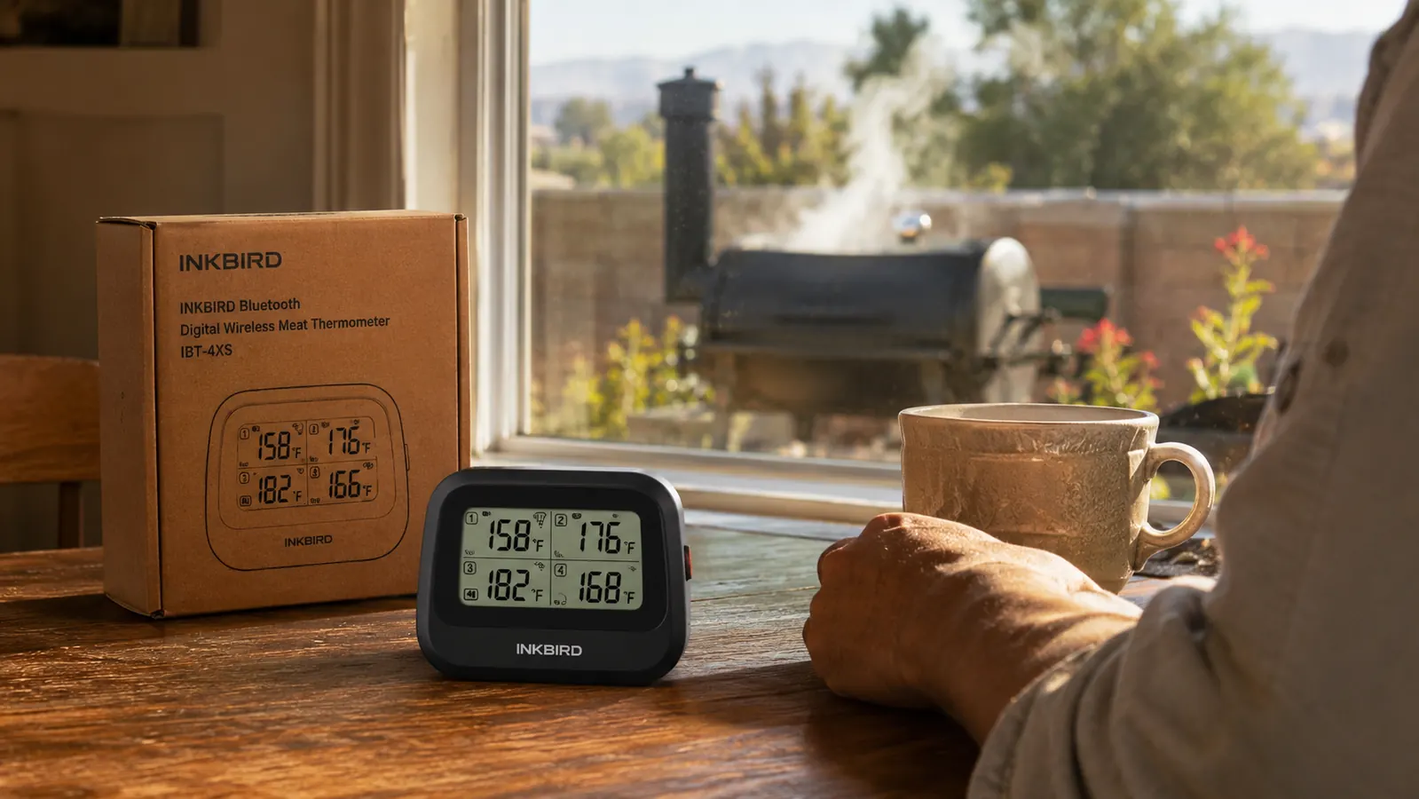 A small digital base station thermometer sitting on a kitchen table near a window with a smoker visible outside