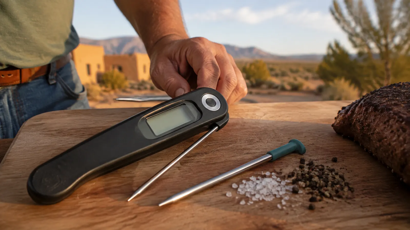 Two thermometers on a wooden cutting board, a folding instant-read next to a wireless probe with a colored silicone boot