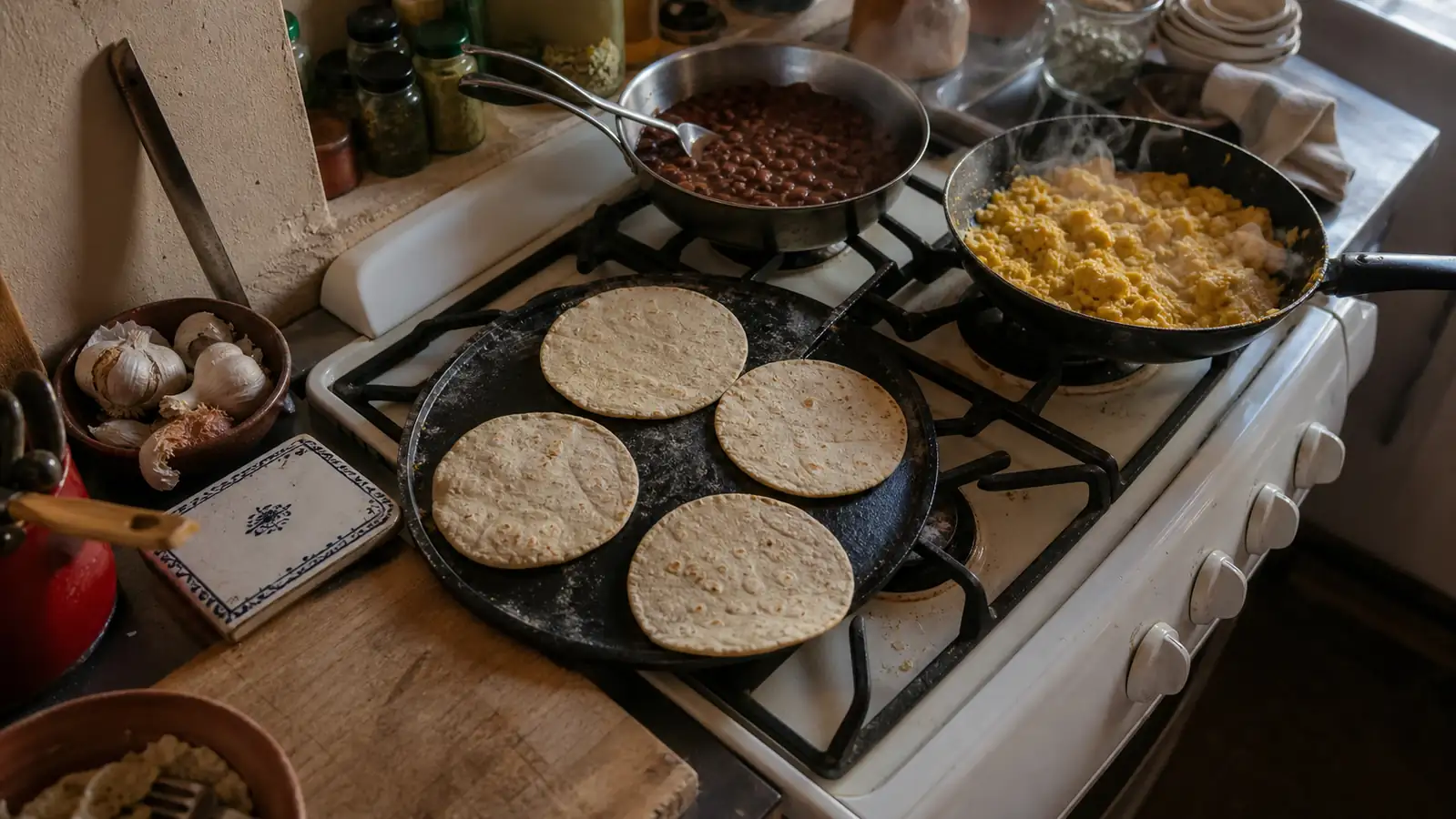 A crowded kitchen stovetop with a comal, a skillet, and a saucepan all going at once on a Sunday morning