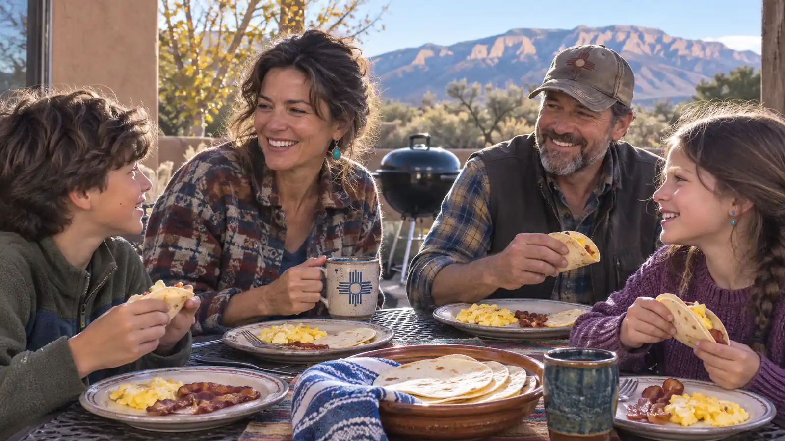 A family sitting around an outdoor table eating breakfast together on a fall morning in New Mexico