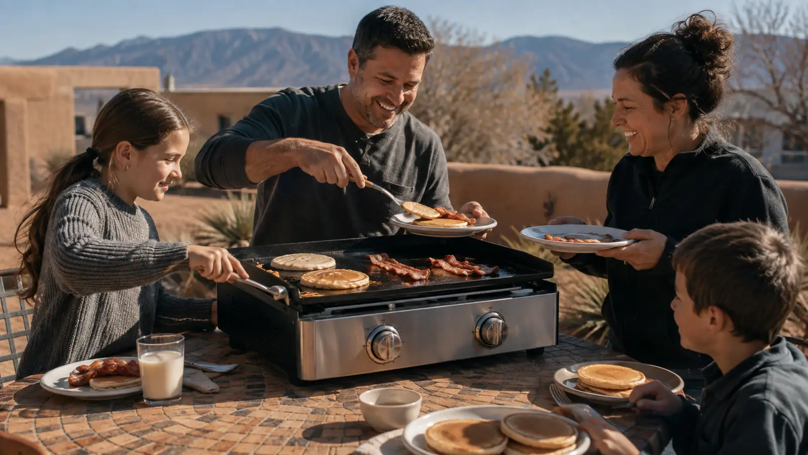 A family plating pancakes and bacon off a two-burner steel tabletop griddle station on a patio table