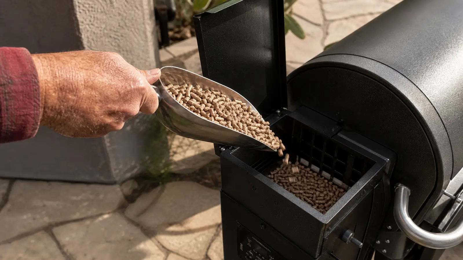 A man's hand pouring wood pellets from a scoop into the hopper of a pellet grill on a patio