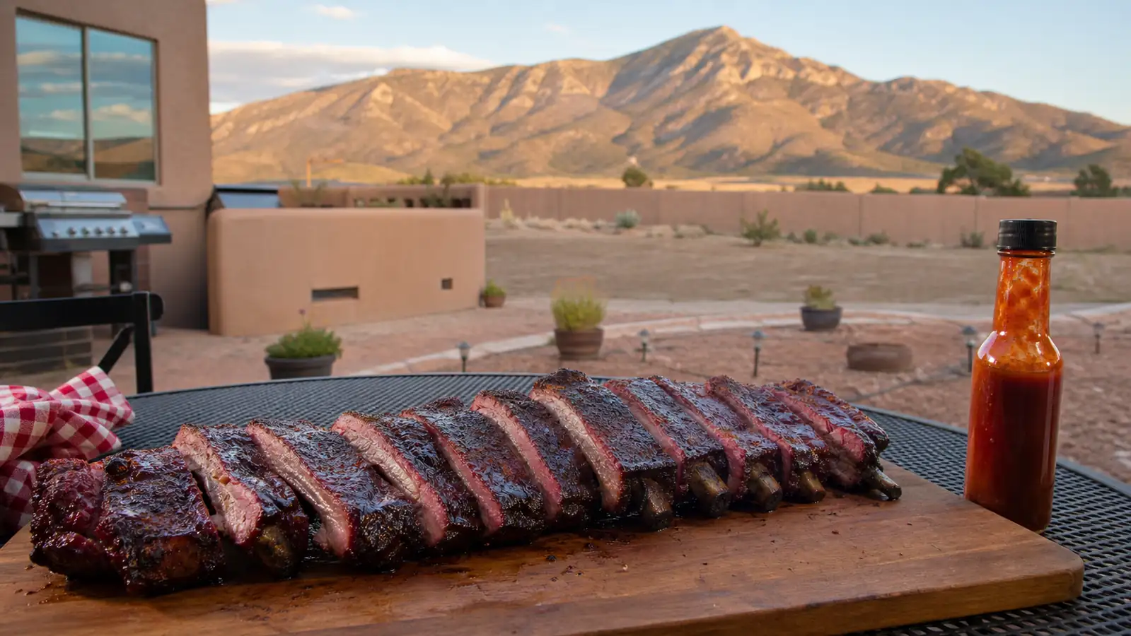 A cutting board of smoked pork ribs with a visible pink smoke ring, sliced and ready to serve on an outdoor table