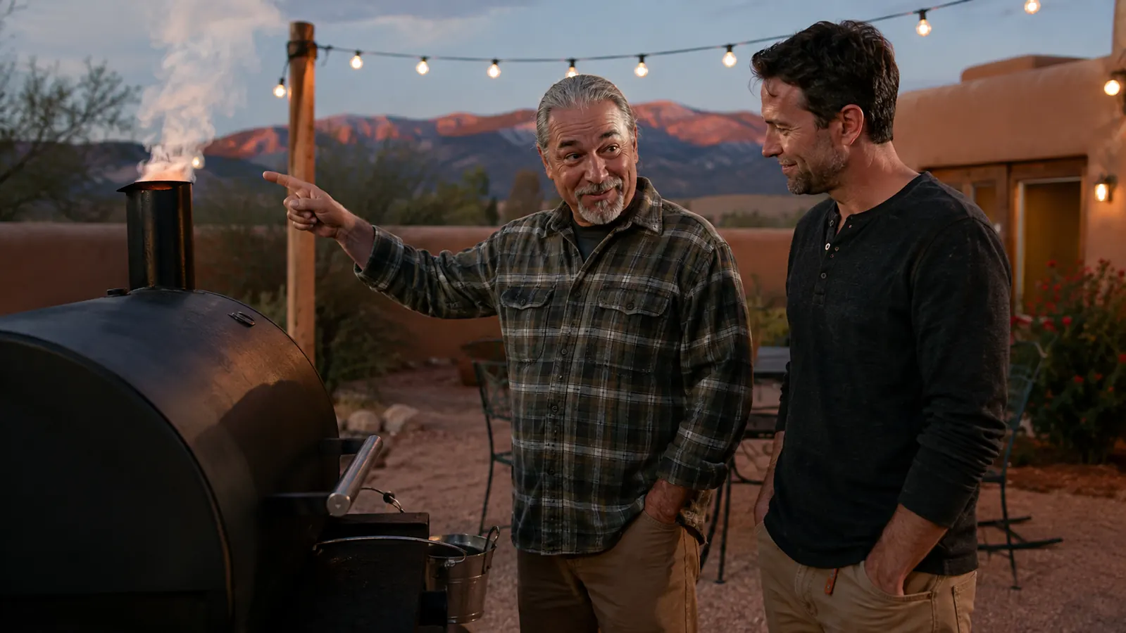 Two men standing at a smoking pellet grill at dusk, one older man gesturing toward the cooker while the younger man listens