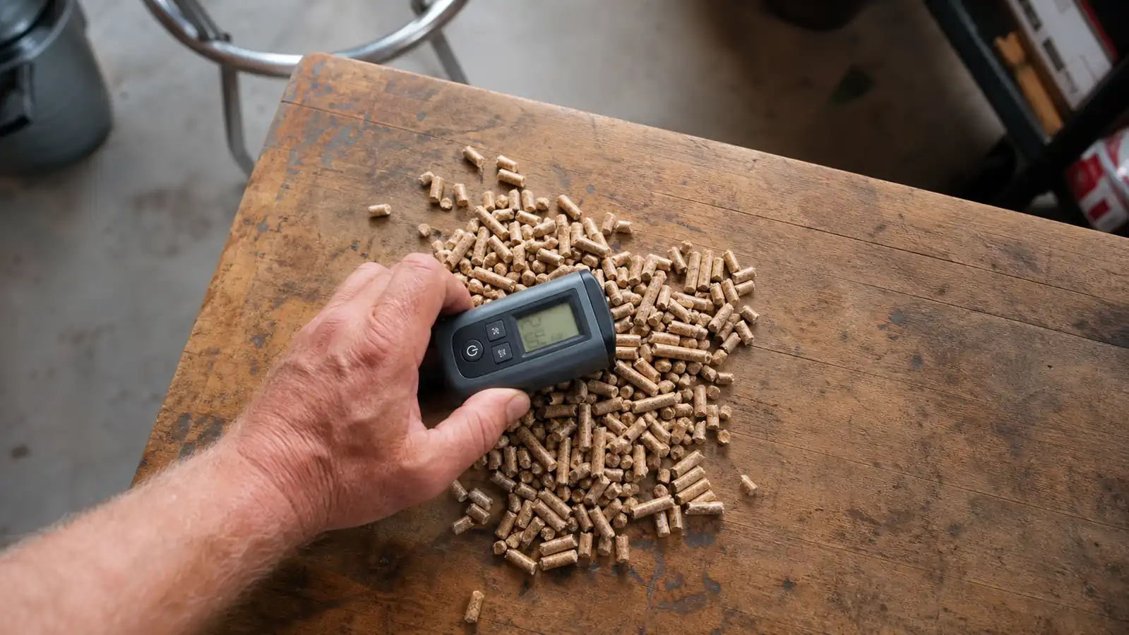 A hand pressing a wood moisture meter into a small pile of loose pellets on a workbench