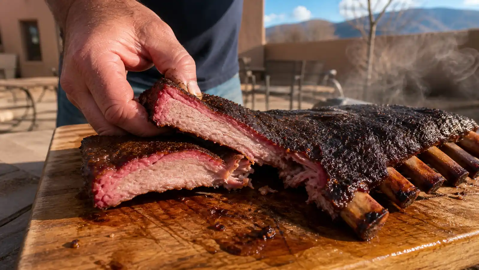 A rack of pork ribs resting on a cutting board with a smoked pink ring visible in the sliced end