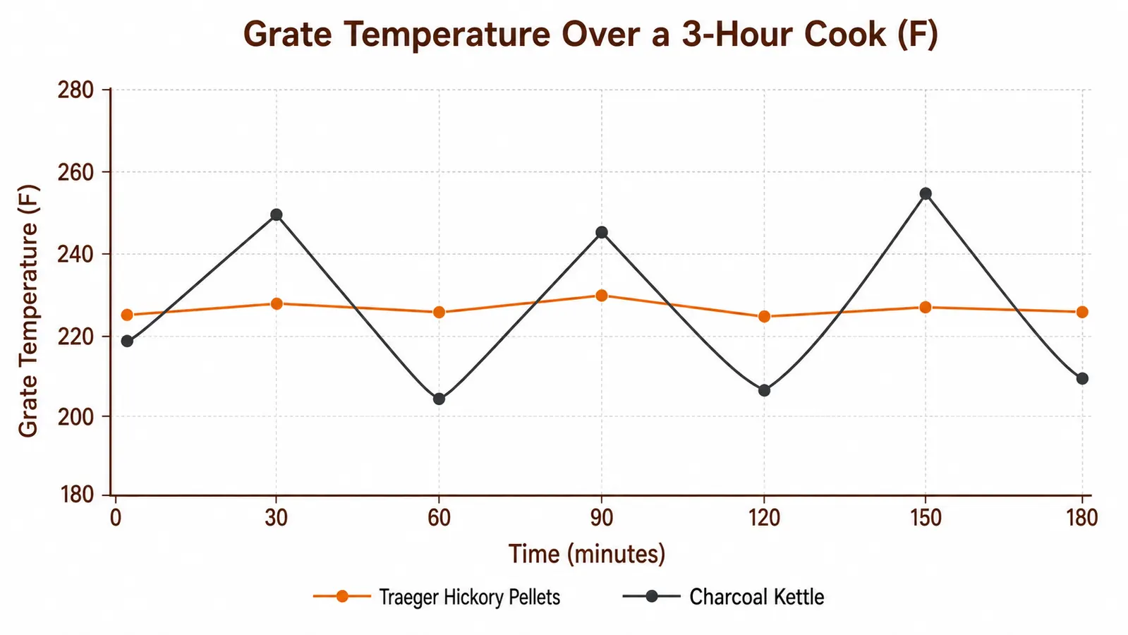 Line chart comparing grate temperature stability over a 3 hour cook between wood pellets and charcoal