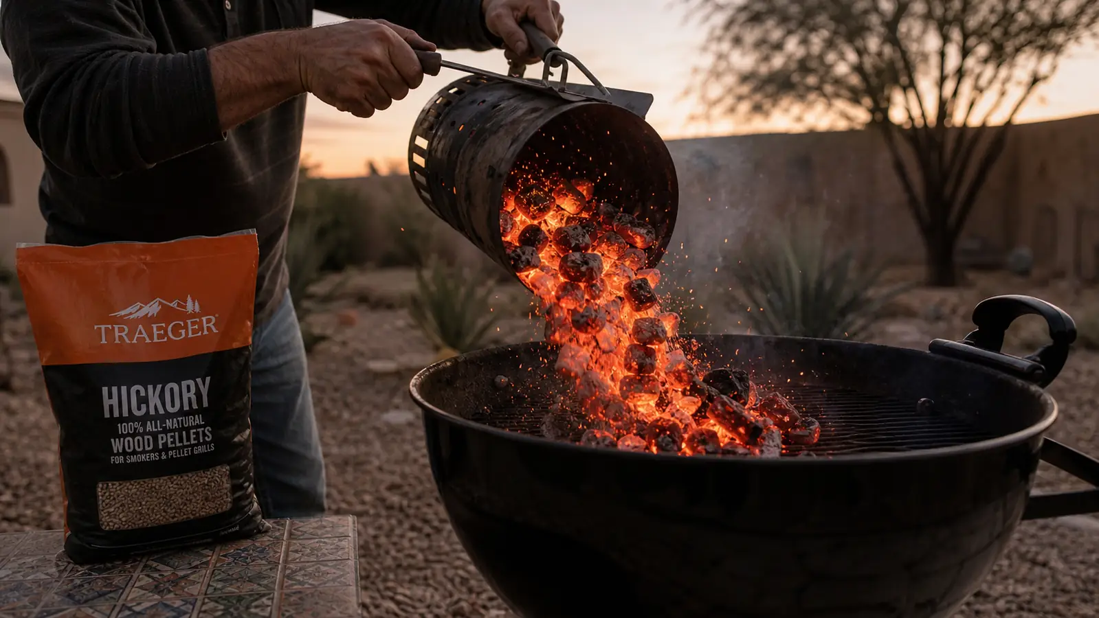 Glowing lump charcoal being poured from a chimney starter into an open kettle grill at dusk