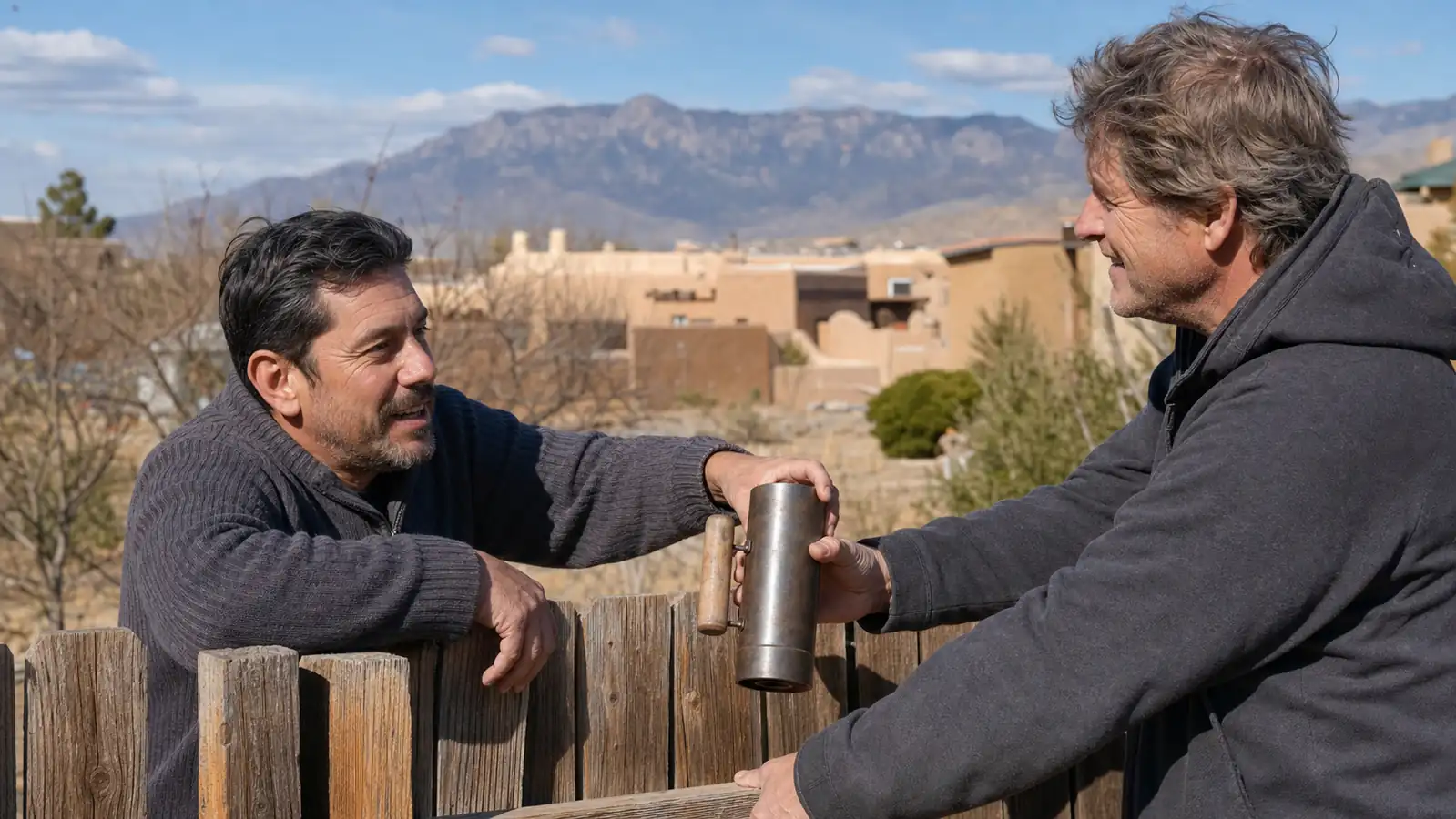 Two neighbors leaning over a low backyard fence, one handing the other a metal chimney starter