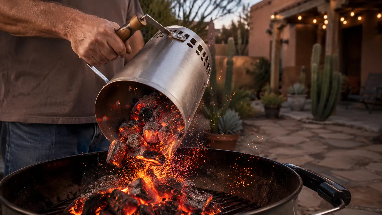 A hand dumping glowing coals from a chimney starter down into an open kettle grill at dusk