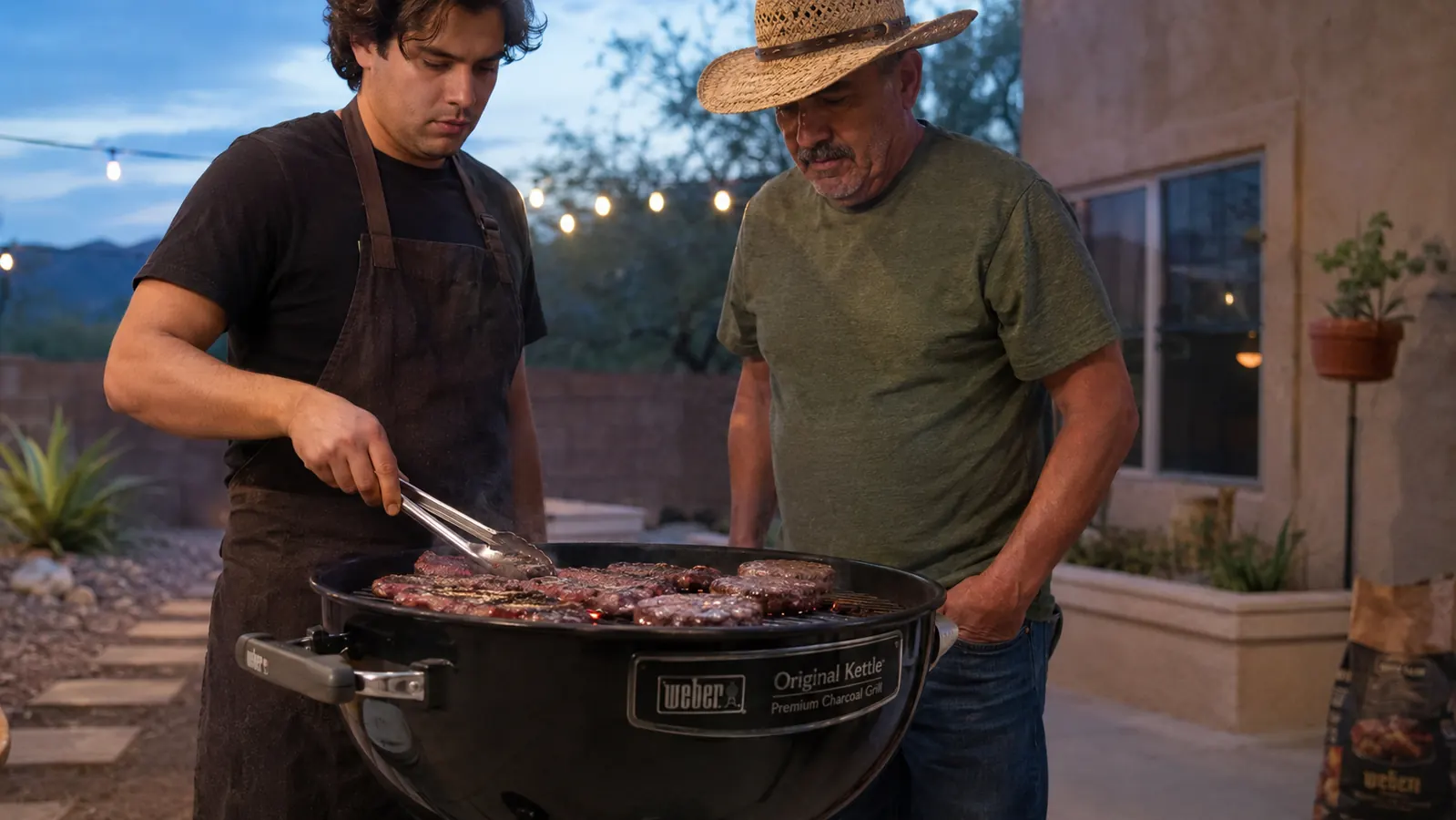 Two men standing at an open kettle grill turning carne asada and burgers side by side over glowing coals