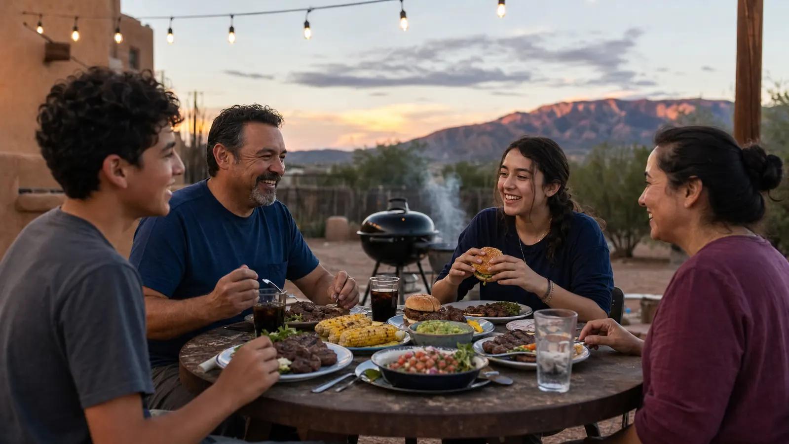 A family of four seated at an outdoor table at dusk with plates of grilled food and a lit kettle grill smoking gently behind them