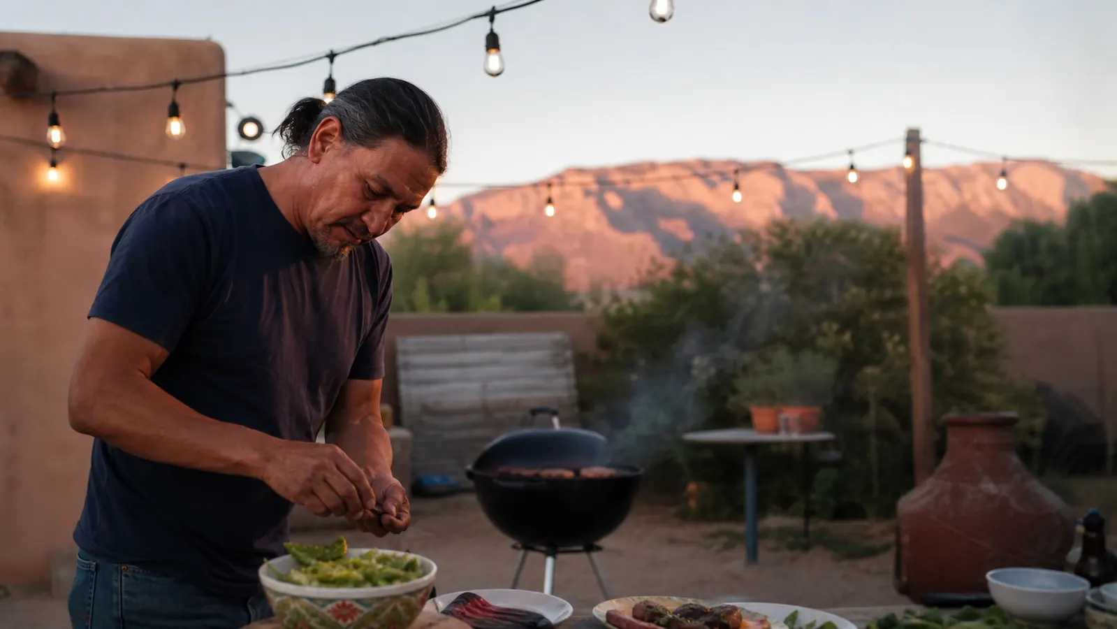 A backyard scene with a folding table set with plates near a lit kettle grill under string lights at dusk