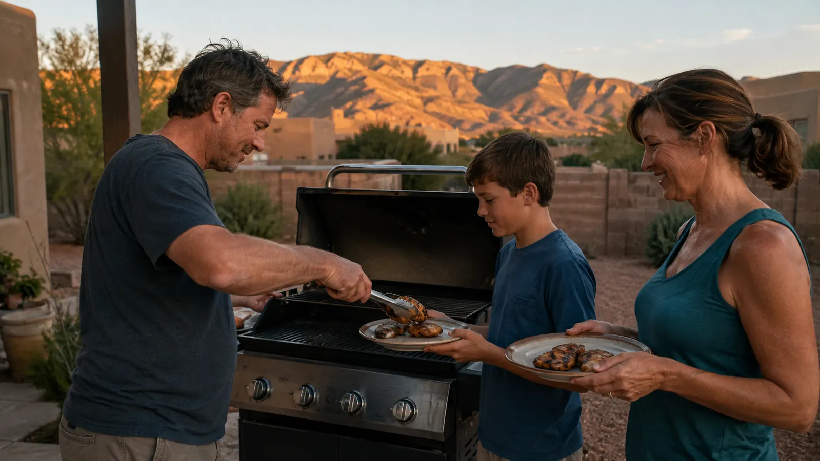A family plating chicken thighs off a four-burner propane grill on a patio on a weeknight